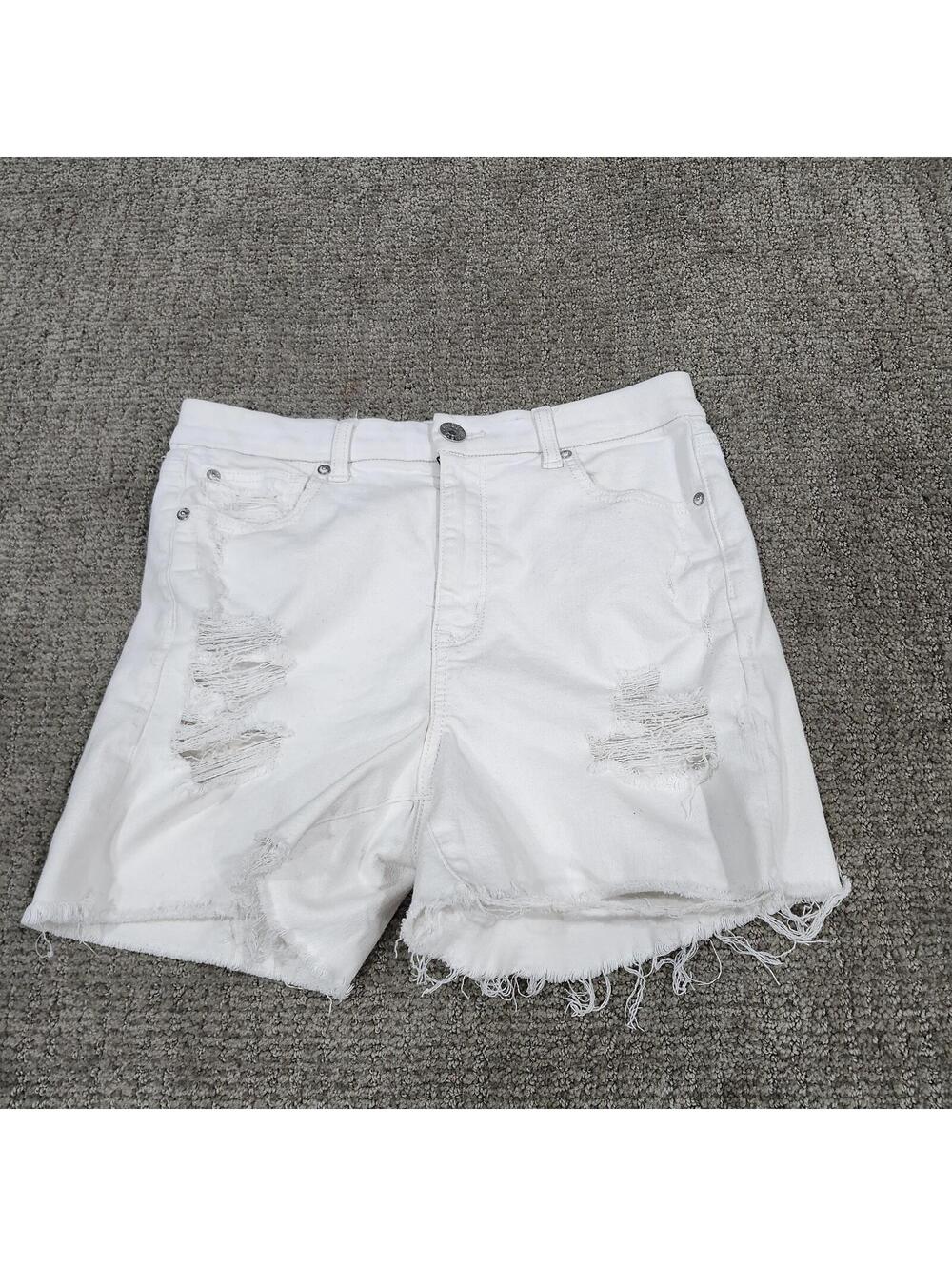 American Eagle Curvy High Rise Shortie White Distressed Denim Shorts Size 8
